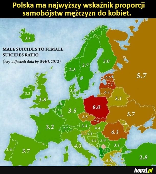 Polska ma najwyższy wskaźnik proporcji samobójstw mężczyzn do kobiet