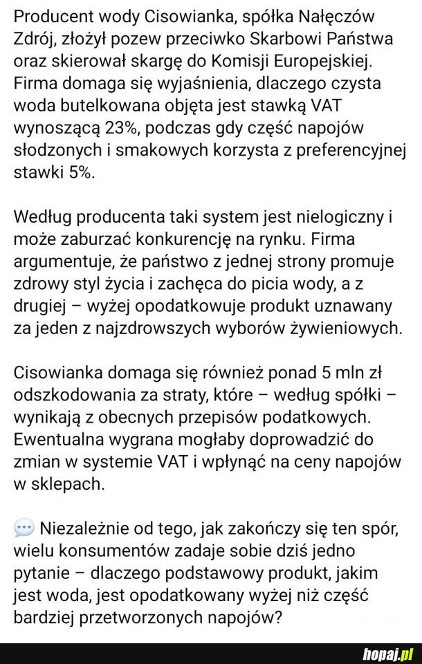 Cisowianka pozywa Polskę! (pewnie skonczy sie tak ze nałożą 23% VAT na wszystkie napoje)