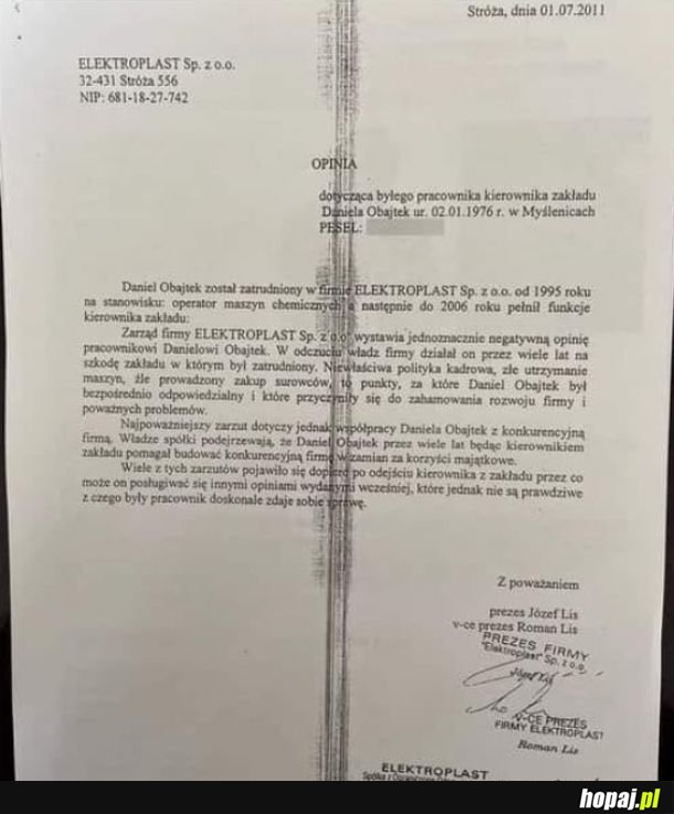 Opinia dla Daniela Obajtka z firmy Elektroplast w 2011 roku. 