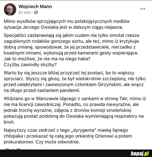 Wojciech Mann szczerze o Owsiaku