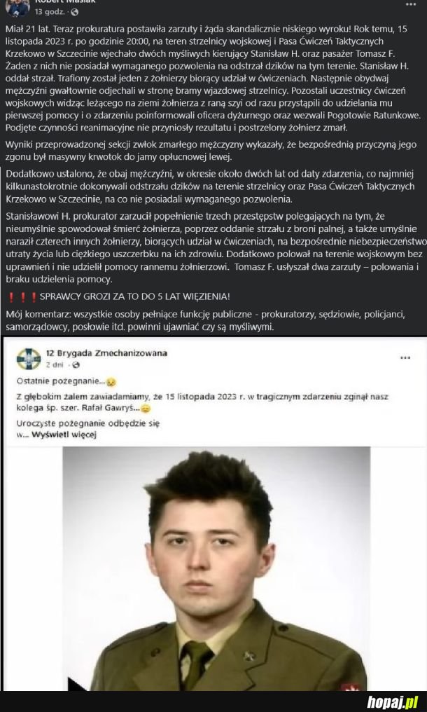  za zabójstwo żołnierza tylko 5 lat, bo sprawca jest myśliwym 
