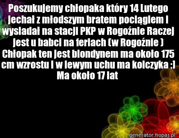 Poszukujemy chłopaka który 14 Lutego jechał z młodszym bratem pociągiem i wysiadał na stacji PKP w Rogoźnie Raczej jest u babci na feriach (w Rogoźnie ) Chłopak ten jest blondynem ma około 175 cm wzrostu i w lewym uchu ma kolczyka ;] Ma około 17 lat 