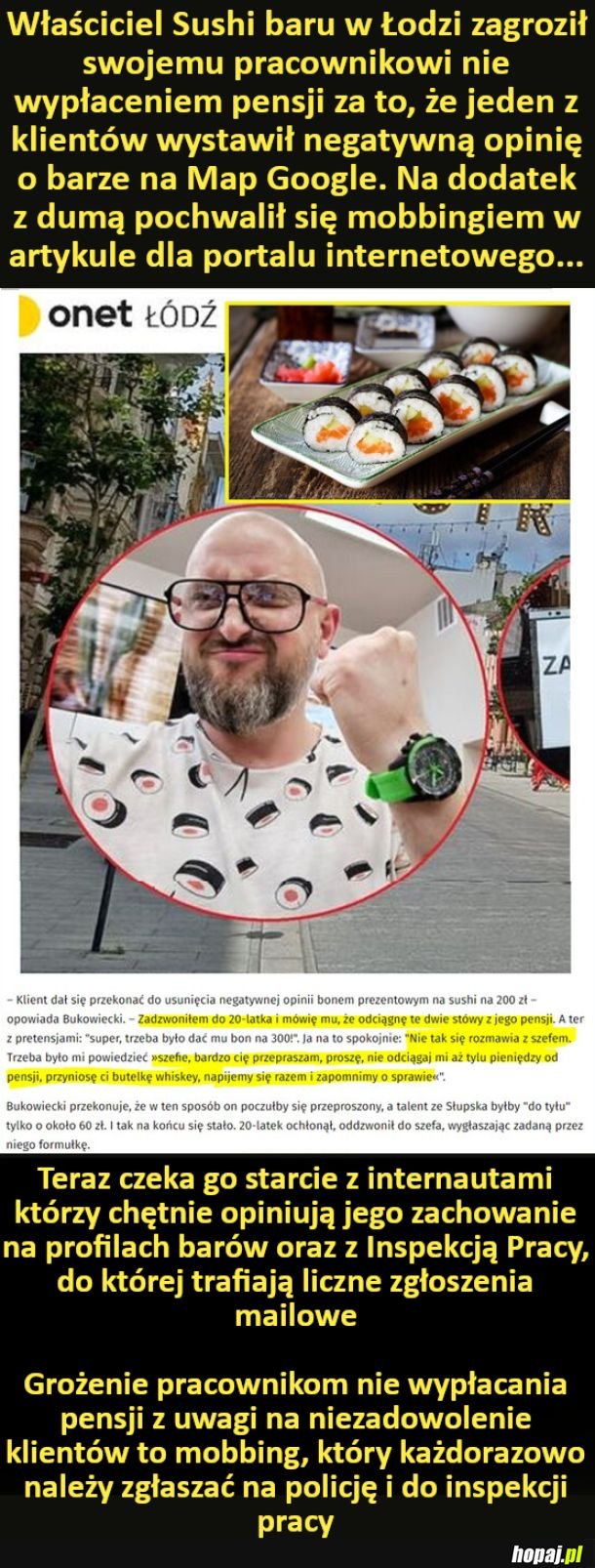 Właściciel Sushi baru w Łodzi zagroził swojemu pracownikowi nie wypłaceniem pensji za to, że jeden z klientów wystawił negatywną opinię o barze na Map Google