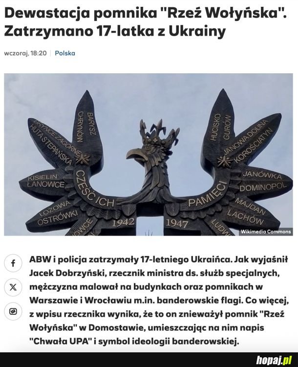 Dewastacja pomnika Rzeź Wołyńska - zatrzymano Ukraińca