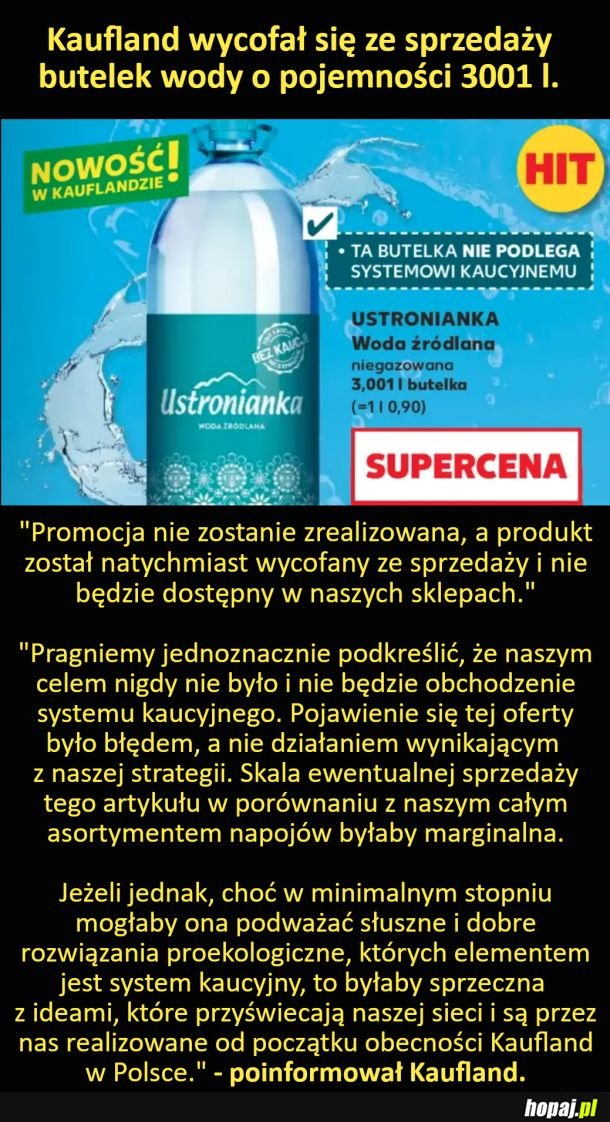 Kaufland wycofał się ze sprzedaży butelek wody o pojemności 3001 l.