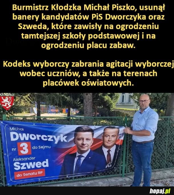 Burmistrz Kłodzka usunął banery kandydatów pis z ogrodzenia szkoły podstawowej i placu zabaw