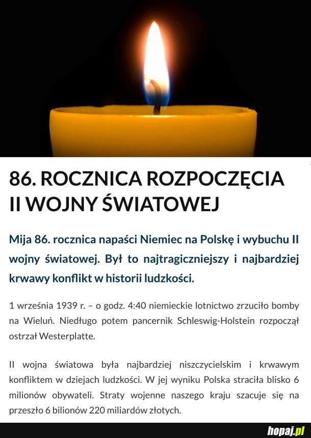 Dziś 86. rocznica rozpoczęcia II wojny światowej, w której zginęło około 6 mln Polaków