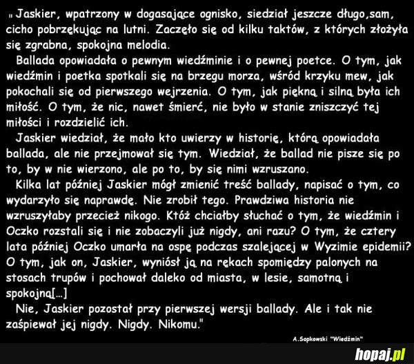 Jaskier, wpatrzony w dogasające ognisko...