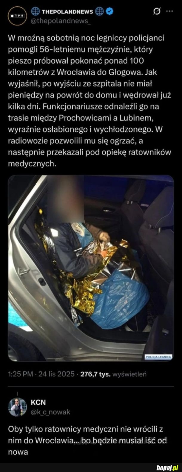 Policjanci pomogli mężczyźnie, który próbował pieszo pokonać ponad 100 km do domu