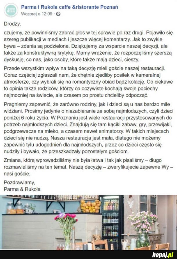 Poznańska restauracja po burzy o zakazie wstępu dzieci 