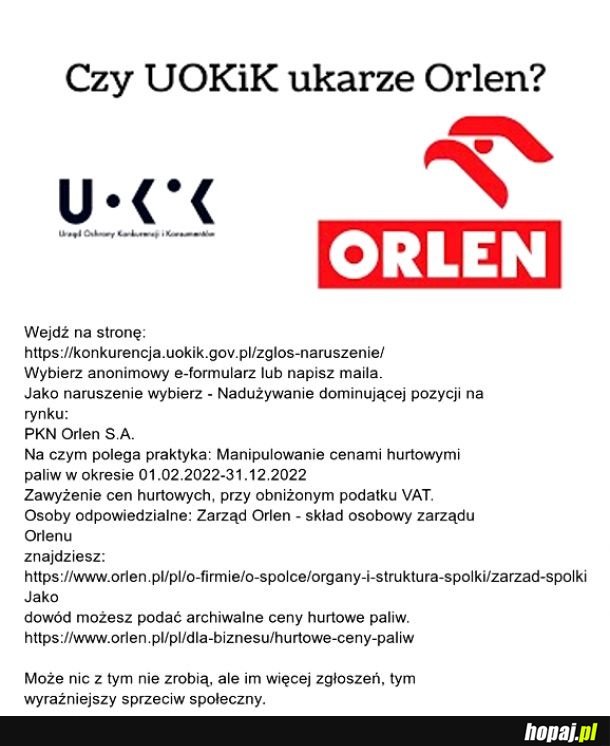 Zdecyduj czy UOKiK ukarze Orlen!