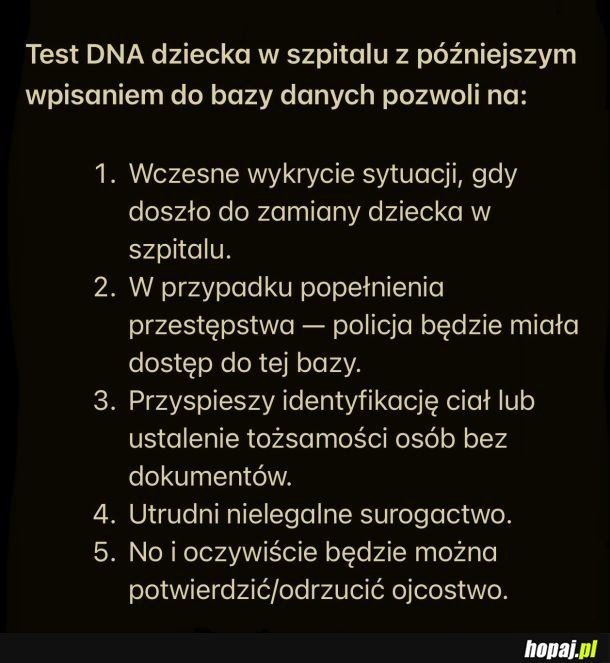 Argumenty za testem DNA zaraz po urodzeniu się dziecka