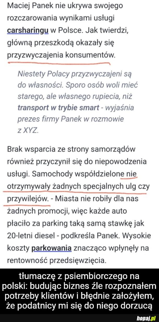 Rozczarowanie wynikami usługi carsharingu w Polsce