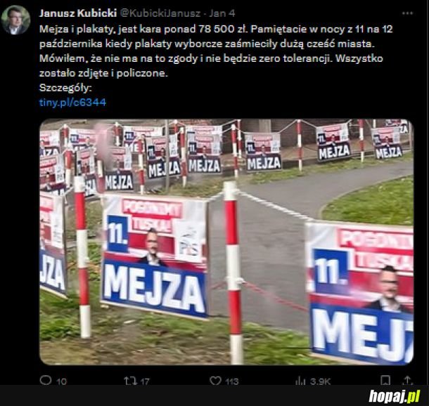 Mejza został ukarany za zamejzowanie plakatami wyborczymi