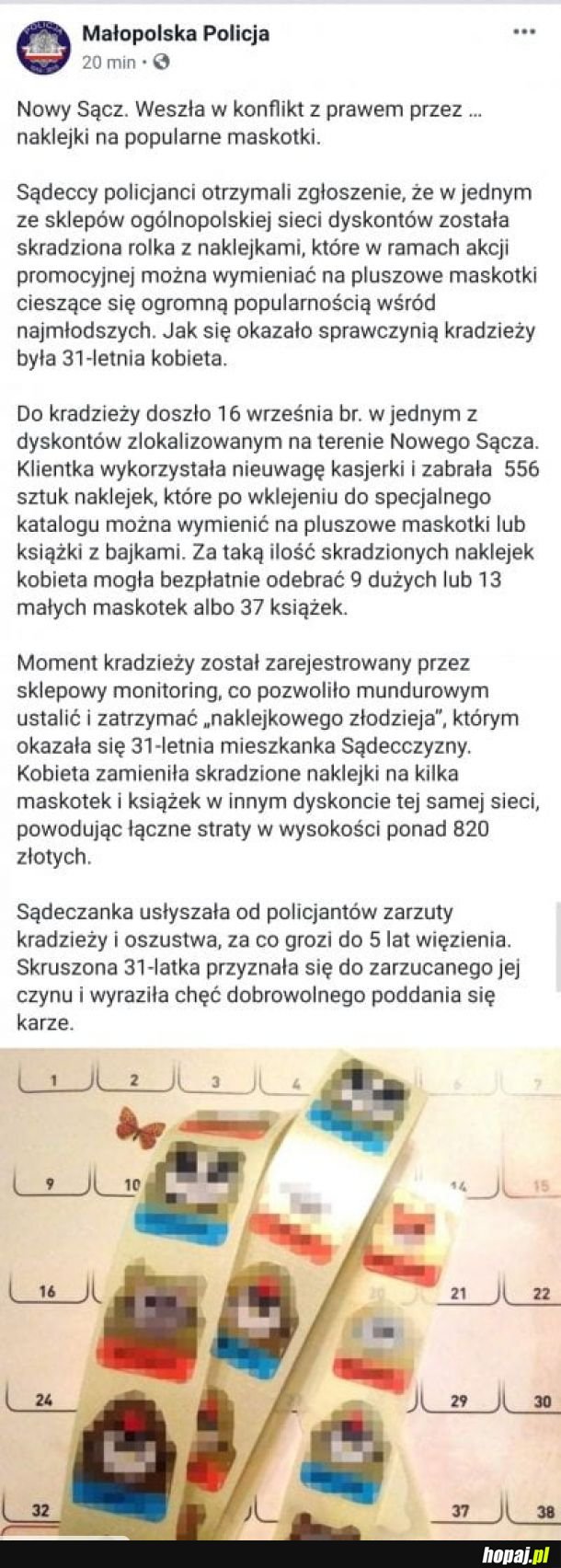  Ktoś ukradł prawie 600 naklejek słodziaków