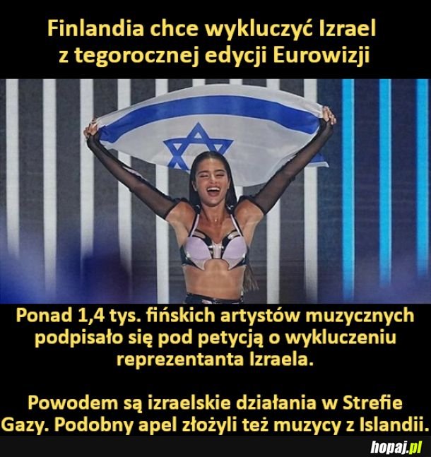 Finlandia chce wykluczyć Izrael z tegorocznej edyzji Eurowizji