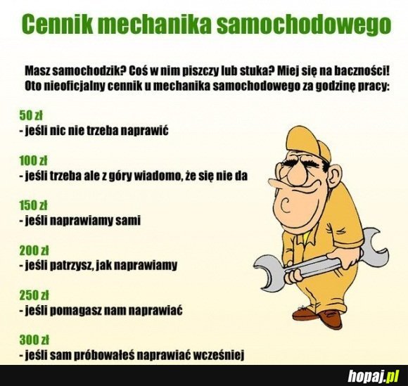 Cennik mechanika samochodowego