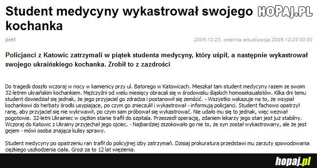 Student medycyny wykastrował swojego kochanka...