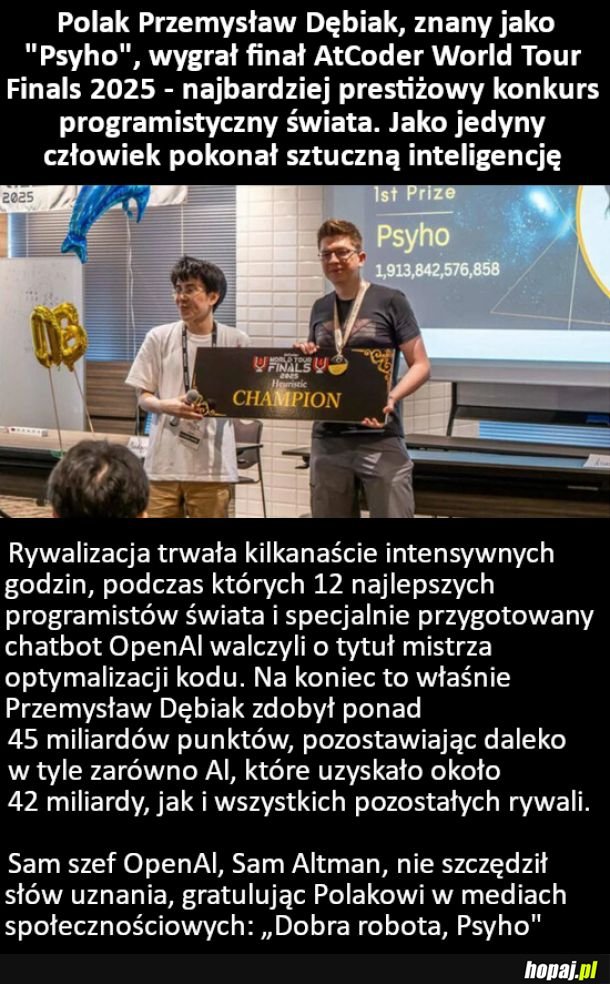 Polak Przemysław Dębiak, znany jako &quot;Psyho&quot;, wygrał finał AtCoder World Tour Finals 2024