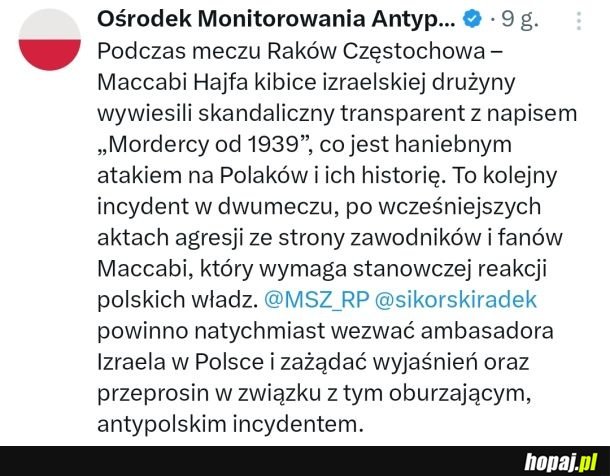 Skandaliczne zachowanie kibiców Maccabi Hajfa