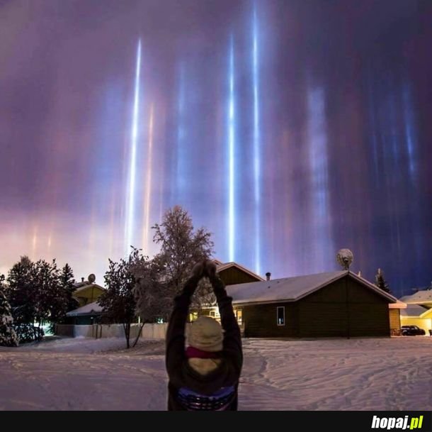 To „light pillars” na Alasce. Stworzone przez odbicia światła księżyca i światła ulicznego w maleńkich kryształach lodu zawieszonych w zimnym powietrzu.